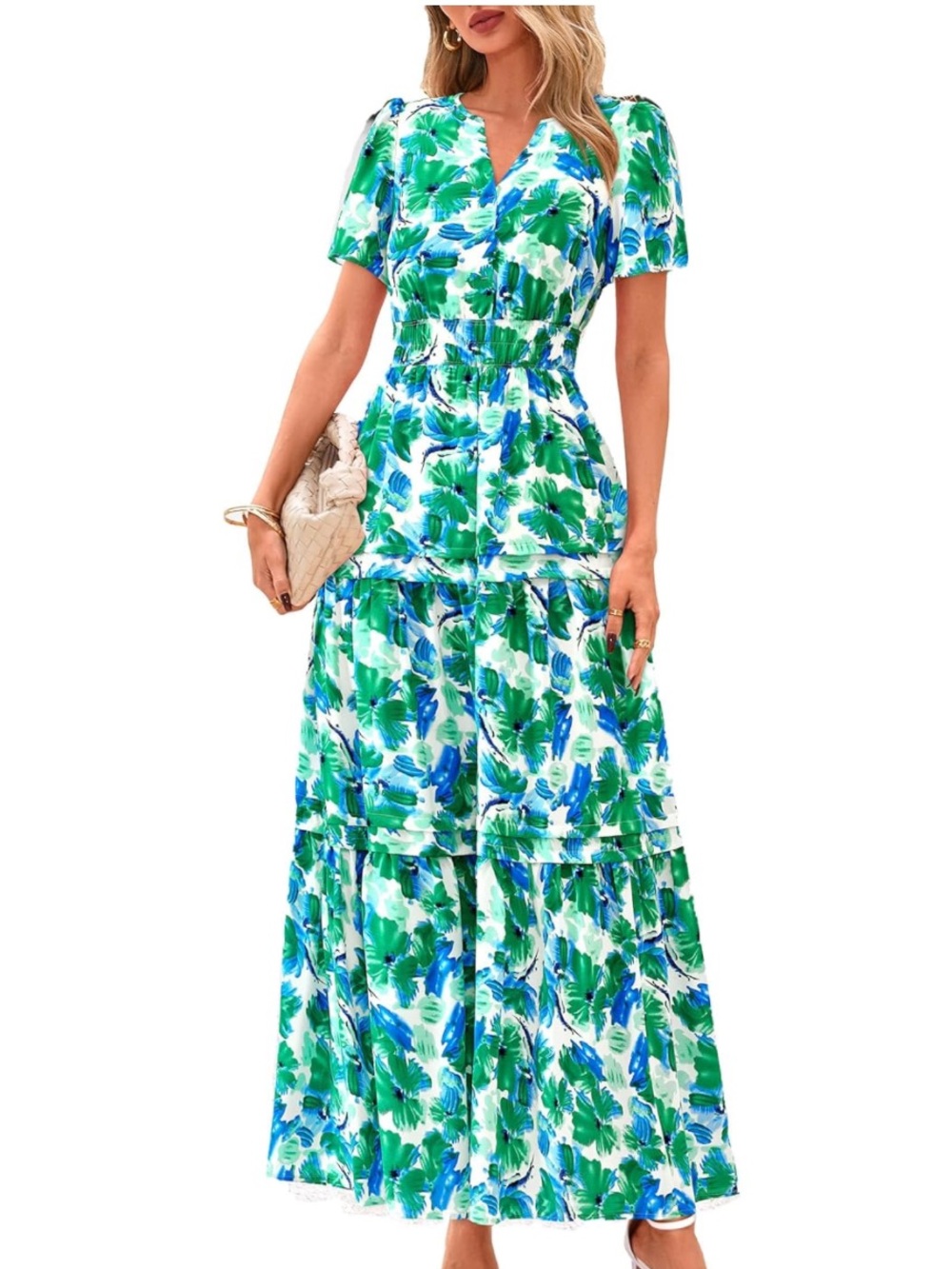 Women's M Summer Green & Blue Floral Tiered Maxi Dress